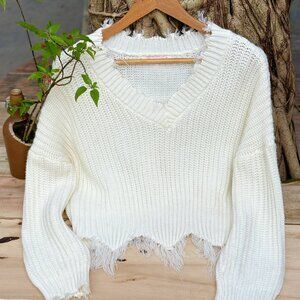White Distressed Fringe Sweater Cropped Edgy